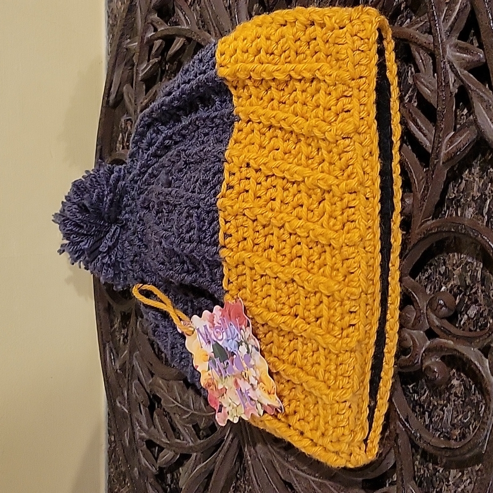 Handmade pom-pom hat beanie with fleece lining at ears crochet